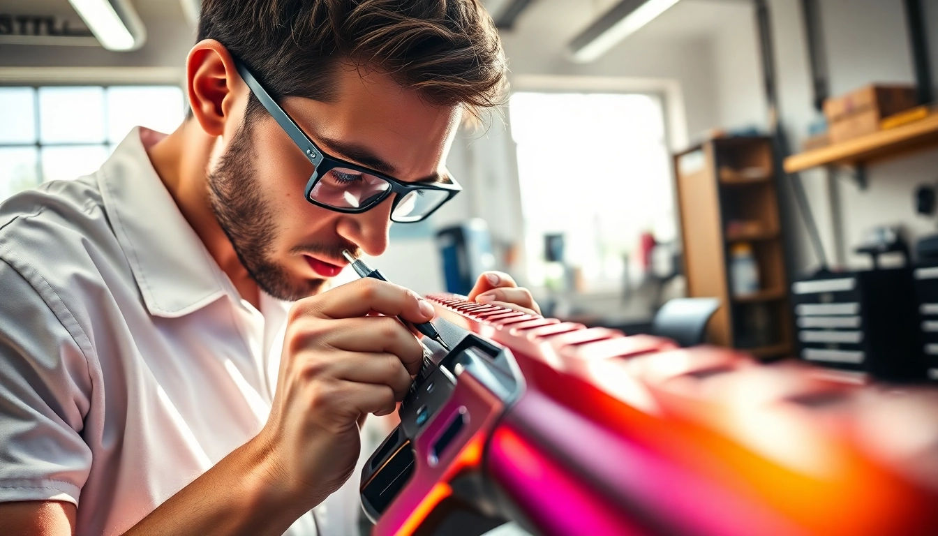 Technician expertly applying Cerekote finish to firearm in professional workshop setting