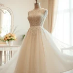 Admire elegant A-Line Wedding Dresses with lace details set in a beautifully decorated boutique.