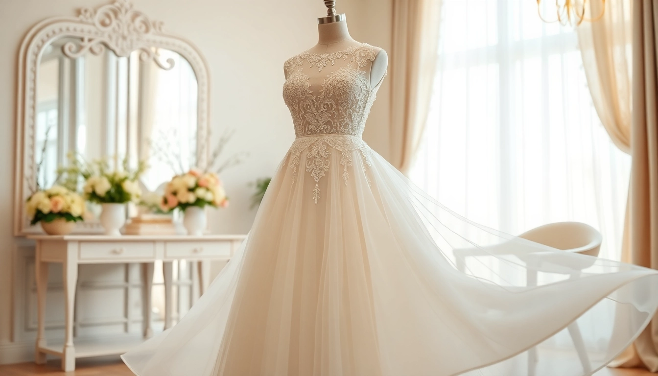 Admire elegant A-Line Wedding Dresses with lace details set in a beautifully decorated boutique.