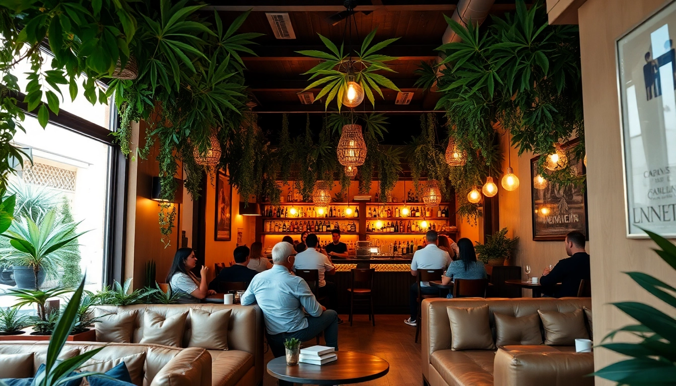 Join cannabis enthusiasts at https://cannabisbcn.com in a lively Barcelona social club with vibrant decor.