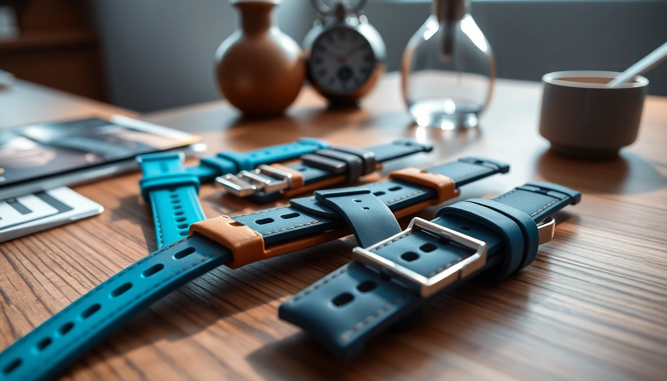 Stylish silicone watch straps arranged beautifully on a wooden table, showcasing their vibrant colors and textures.