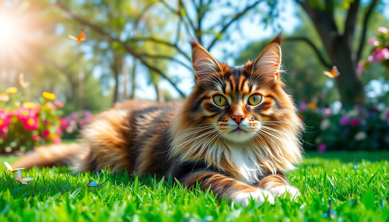 Adorable Maine Coon cats for sale Sacramento relaxing in a sunlit garden.