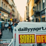 Engage with dailysport.co.uk at a vibrant newspaper stand featuring colorful tabloid covers.