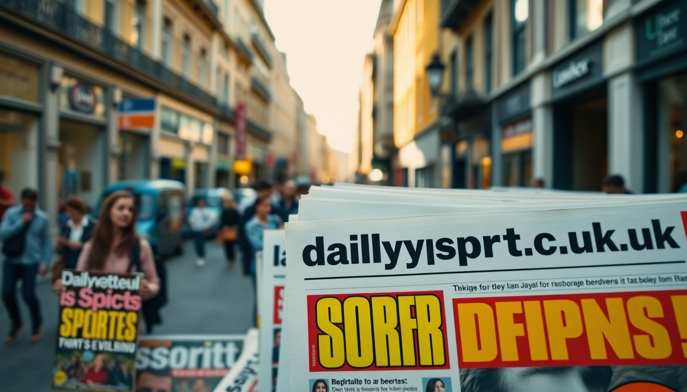 Engage with dailysport.co.uk at a vibrant newspaper stand featuring colorful tabloid covers.
