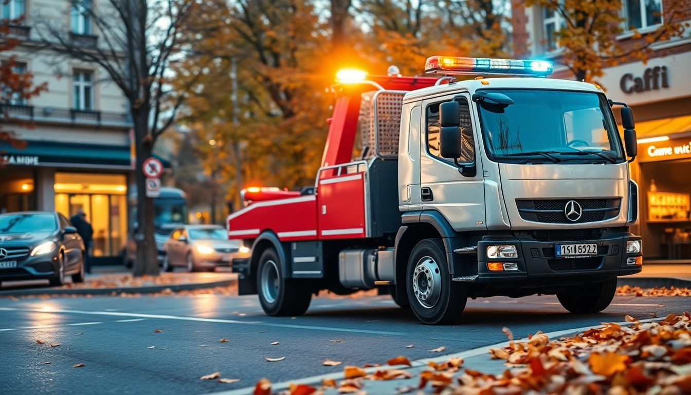 Usługa auto pomoc Tychy z samochodem pomocy drogowej na ruchliwej ulicy w Tychach.