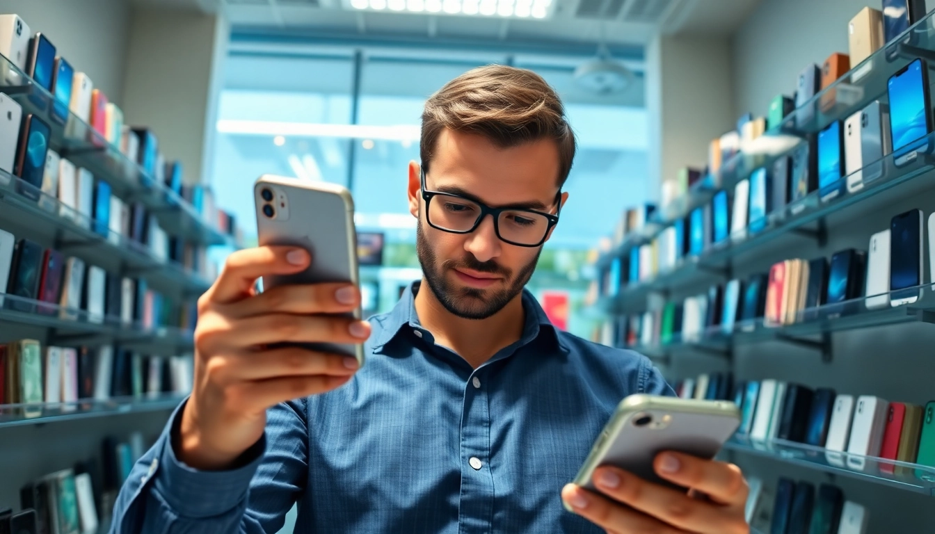 iPhone cash buyer examining a smartphone in a bright, professional office.