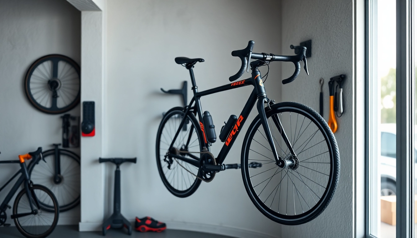 Showcase a bike wall mount elegantly holding a stylish bicycle in a modern garage.