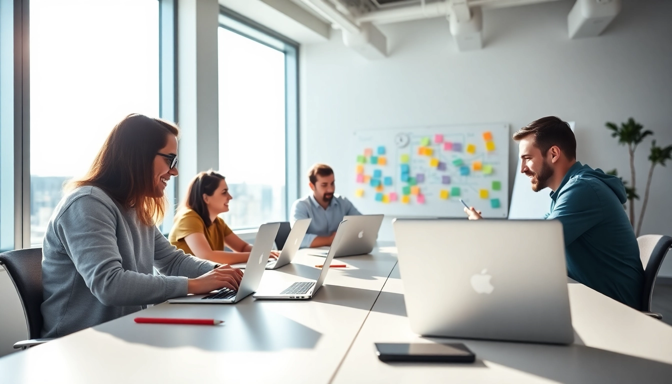 Kansas City web developers collaborating in a bright and modern office space.