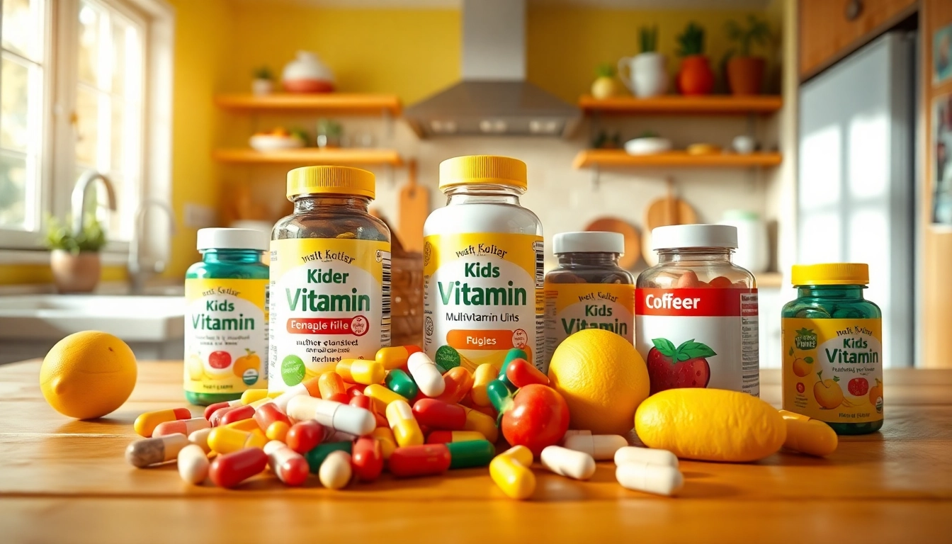 Explore Kosher multivitamins for kids displayed joyfully in a colorful kitchen setting.