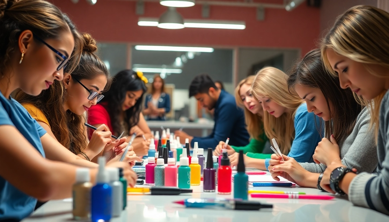 Nail Course students practicing intricate nail designs with colorful polishes and tools in a bright workshop setting.