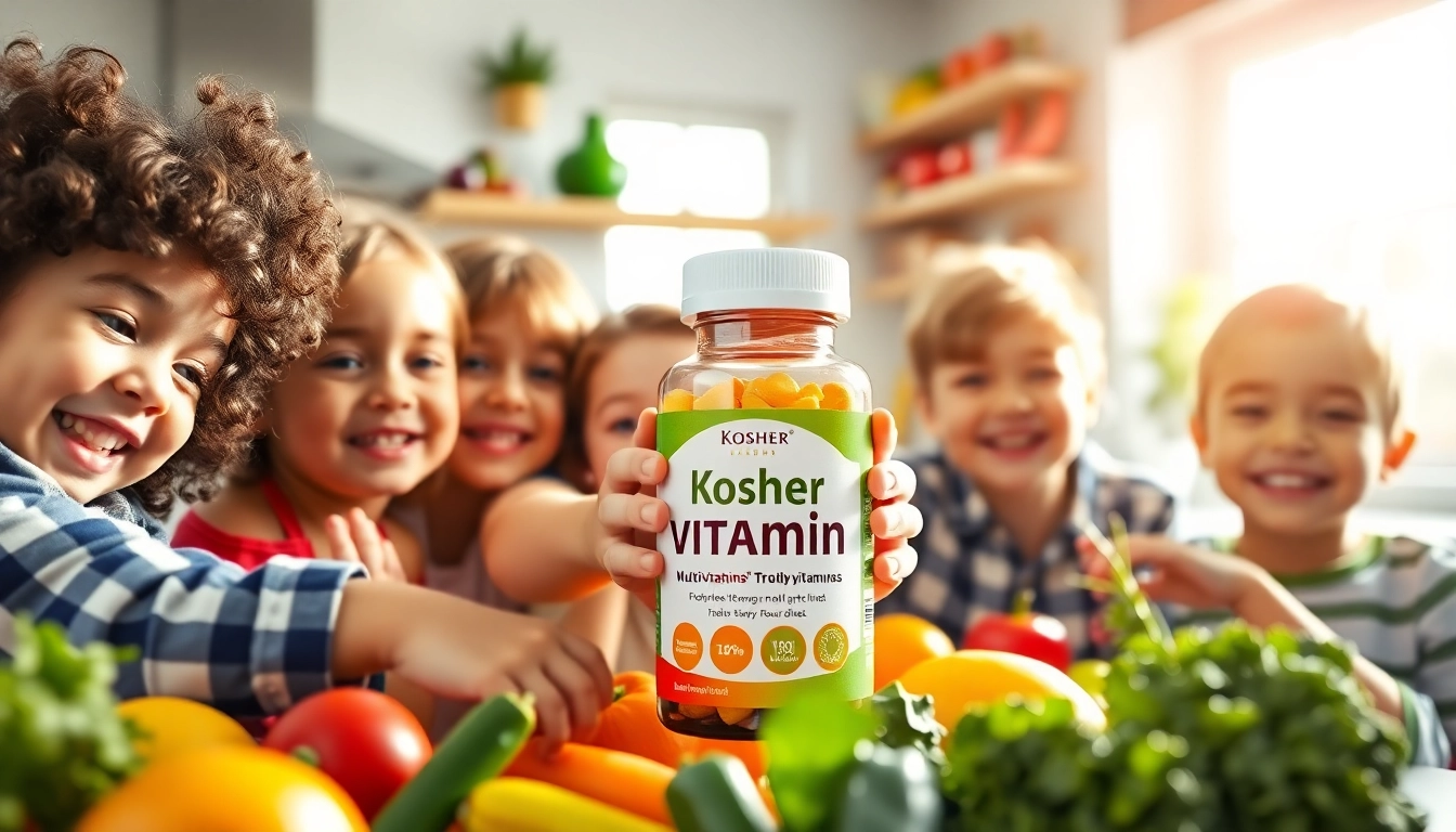 Excited children enjoying Kosher multivitamins for kids in a colorful kitchen setting.