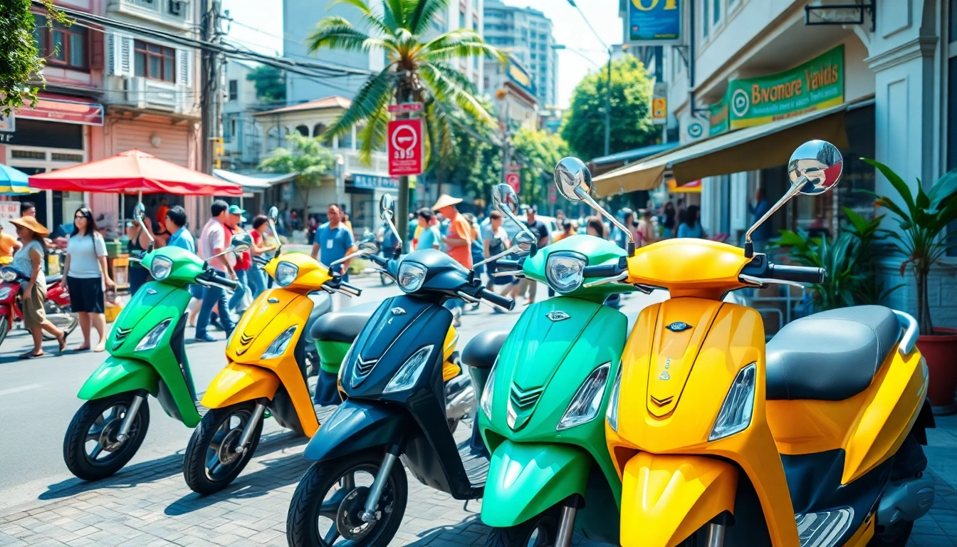 Experience bangkok scoter rental amidst vibrant city life, showcasing colorful scooters in a lively street environment.