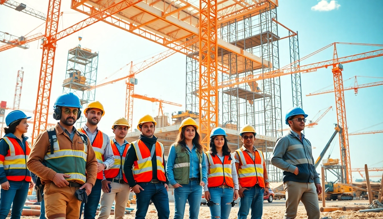 Showcase of New Jersey Commercial General Contractor workers actively constructing a commercial building under natural sunlight.