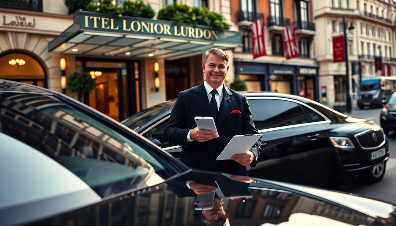 Engaged london chauffeur ready to assist outside luxury vehicle in the heart of London.