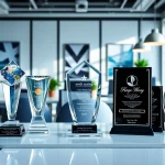 Showcasing employee recognition awards in a modern office environment, highlighting achievement and appreciation.