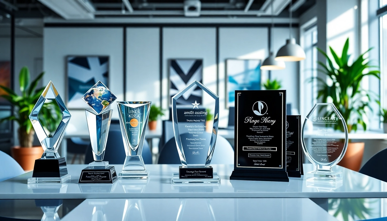 Showcasing employee recognition awards in a modern office environment, highlighting achievement and appreciation.