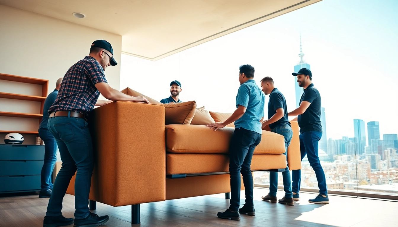 Experienced local Toronto movers packing furniture, highlighting team efficiency and urban vibrancy.