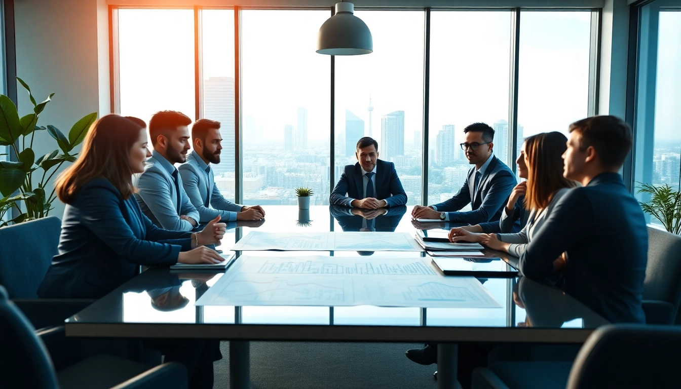 Real estate investment group actively collaborating in a modern conference setting.