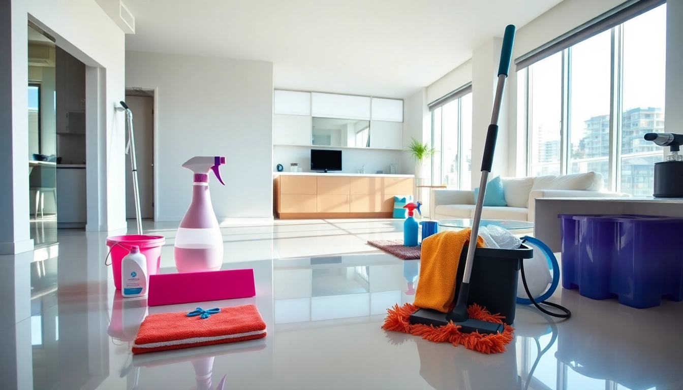 Bond cleaning Brisbane service showcasing a spotless apartment with organized cleaning supplies.