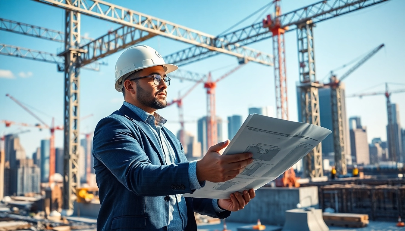 New York Construction Manager analyzing plans amidst active construction environment.