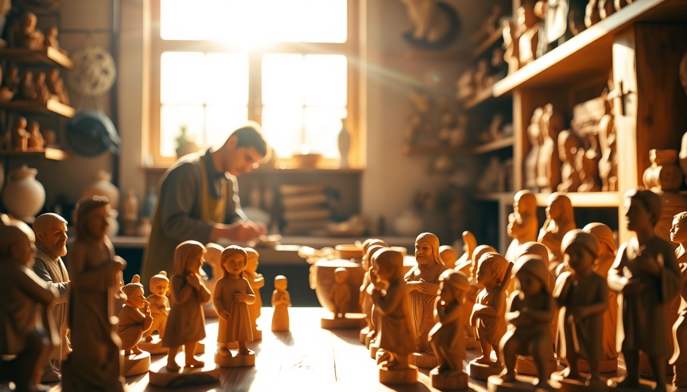 Artisan skillfully crafting olive wood carvings in a sunlit workshop.