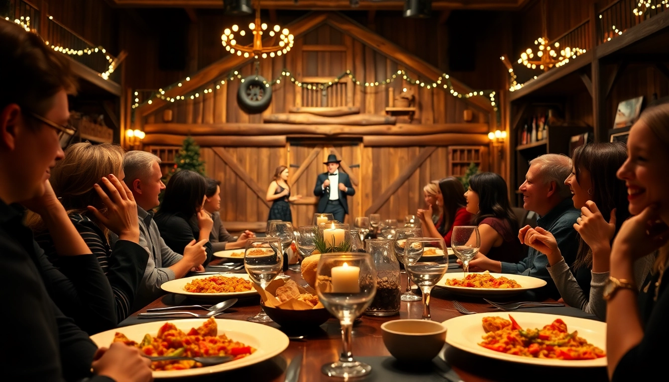 Enjoying dinner theater in las vegas performance with lively actors and happy audience