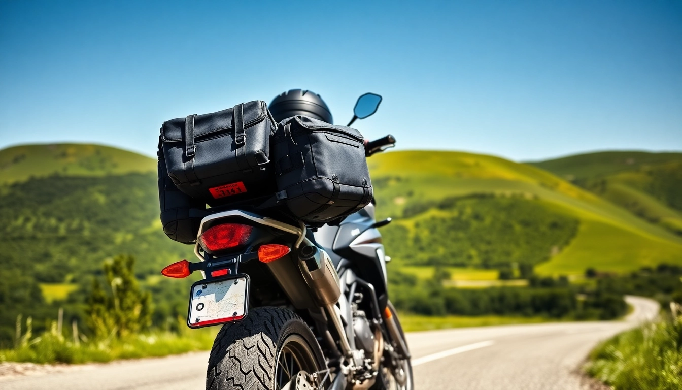 Explore waterproof motorcycle panniers showcasing their design and durability on a rugged bike.