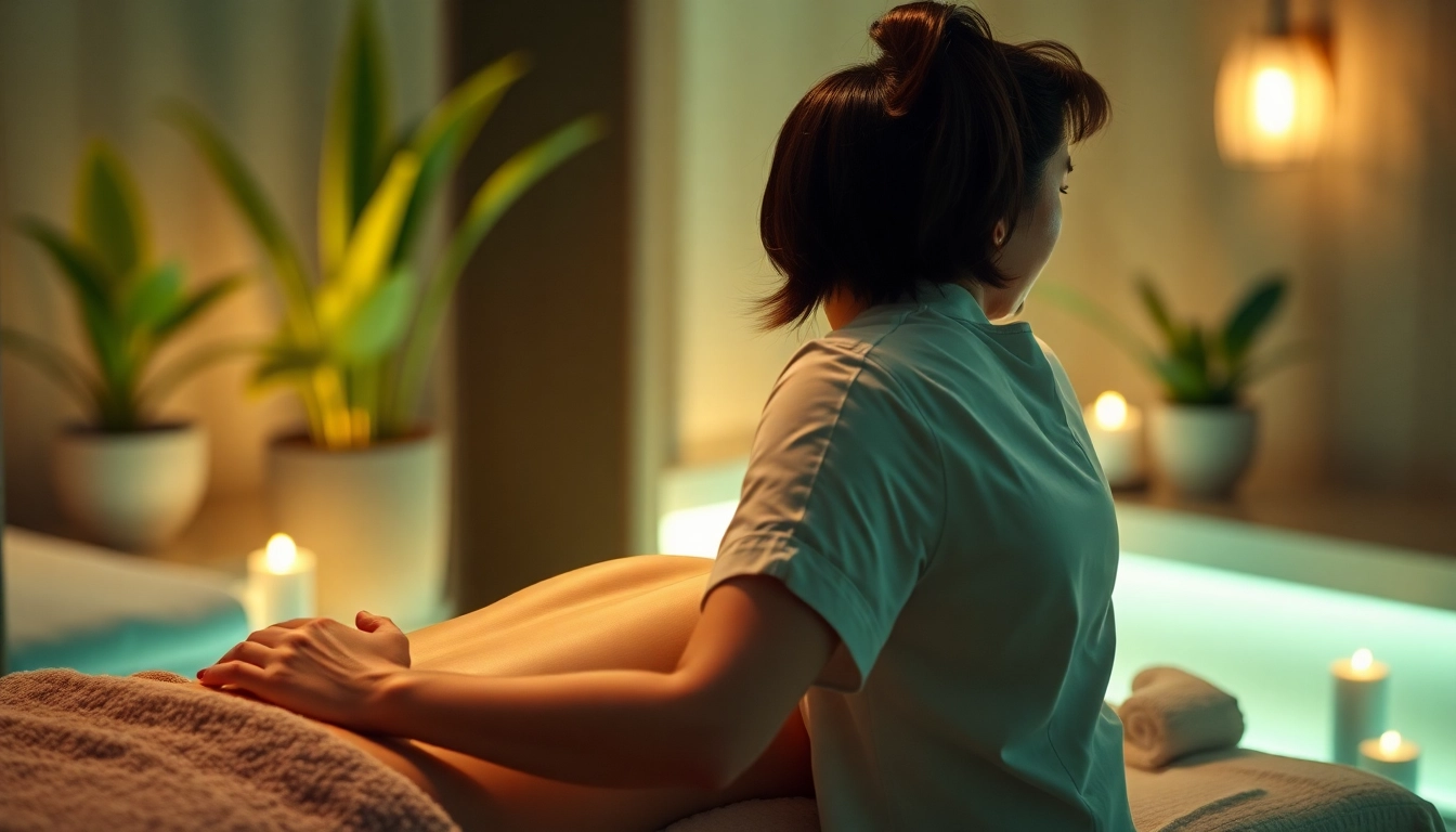 마사지로 긴장을 푸는 전문 마사지사와 아늑한 스파 장면입니다.