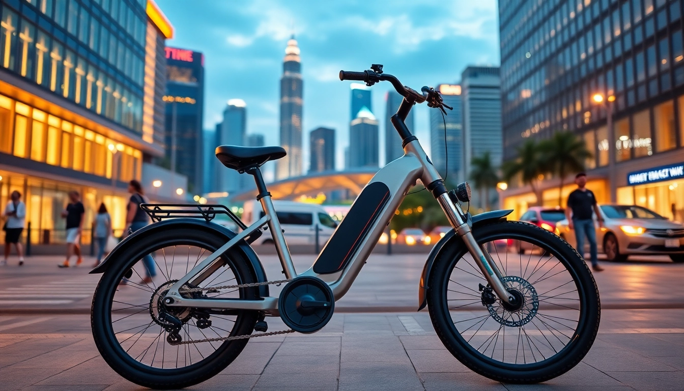 Experience Ebike Singapore with a modern electric bicycle against Singapore's vibrant city skyline.