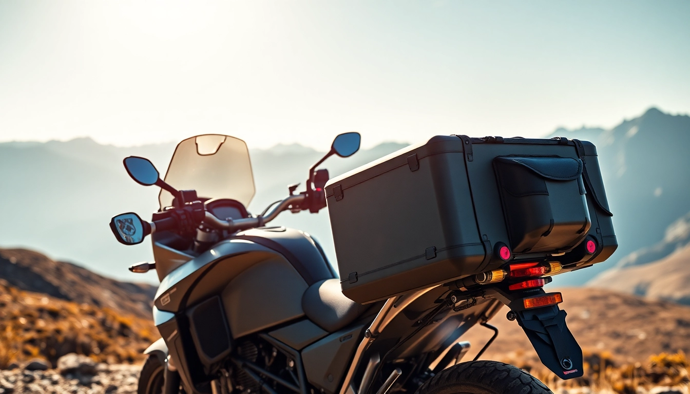 Showcasing waterproof motorcycle panniers on an adventure bike against a stunning mountain backdrop.