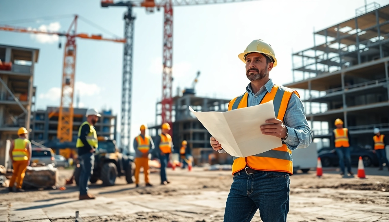 New Jersey Commercial General Contractor supervising a construction site with active workers and machinery.