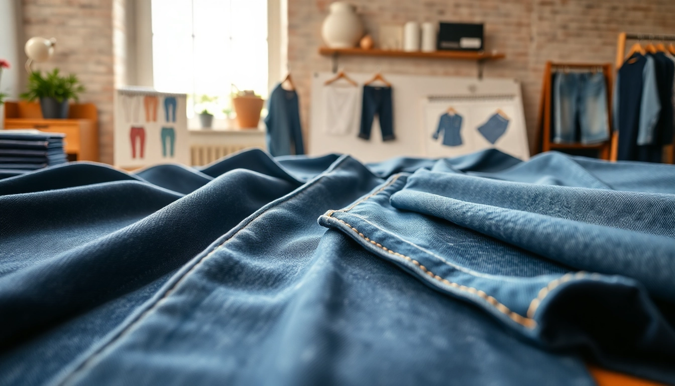 Showcasing jeans cloth manufacturers with premium denim fabrics on a designer's workspace.