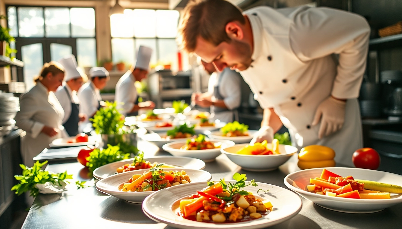Craft services for film sets Hamilton showcasing chefs preparing meals in a vibrant kitchen.