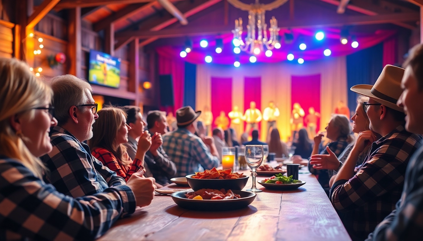 Enjoying a lively performance at firelight barn with audience and entertainers.