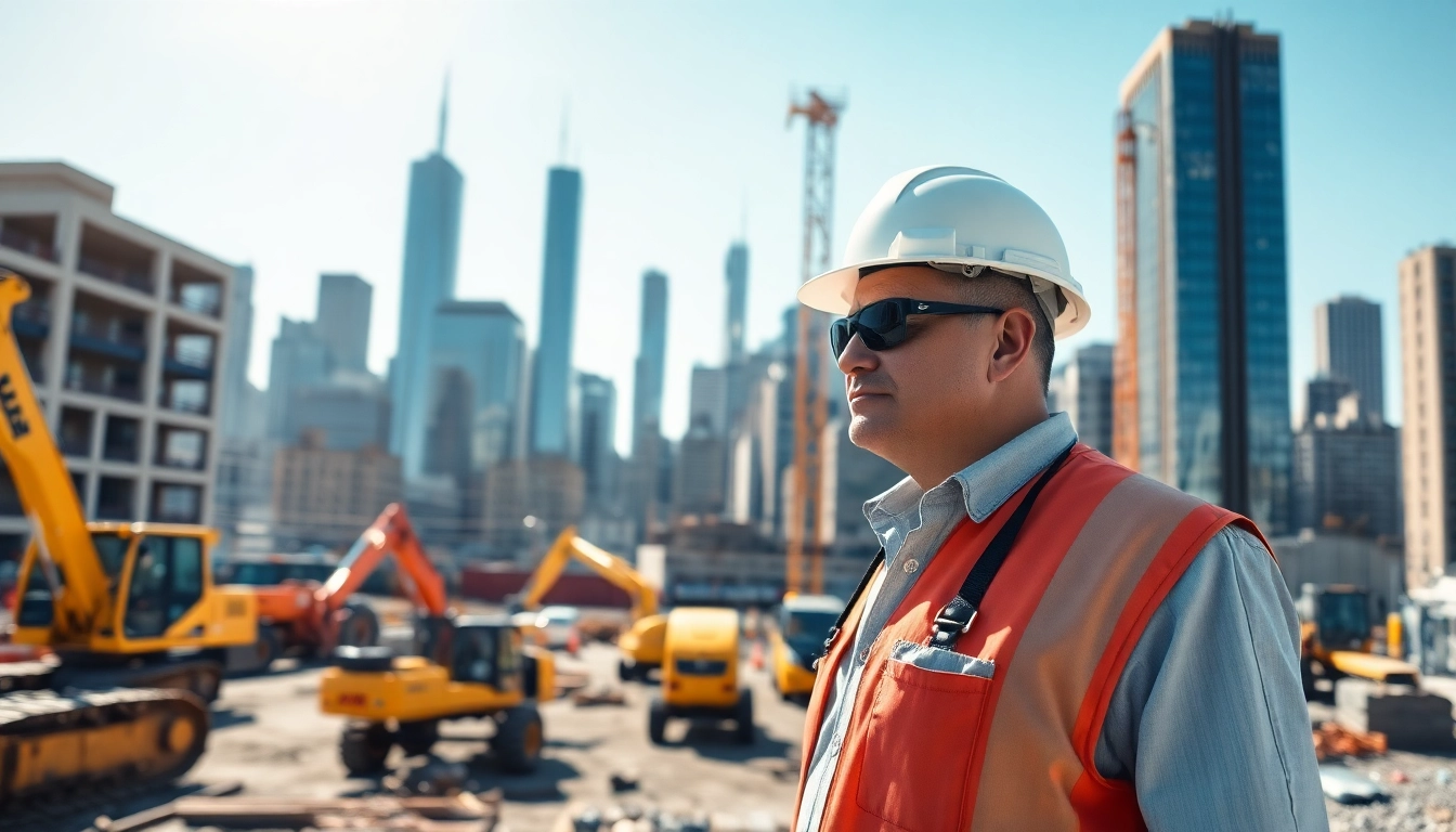 Manhattan Commercial General Contractor supervising a dynamic construction site amidst a lively urban setting.