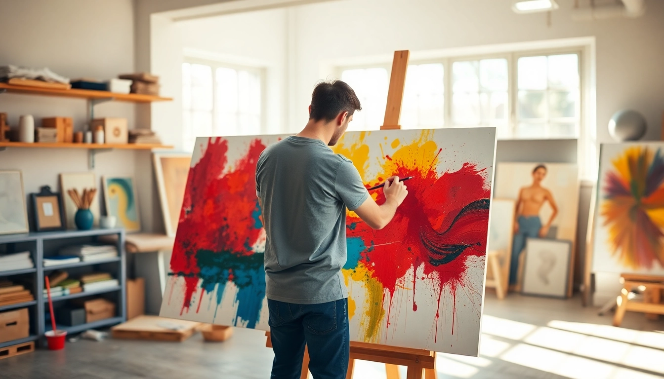 Een kunstenaar schildert op een canvas met levendige kleuren in een lichte studio.