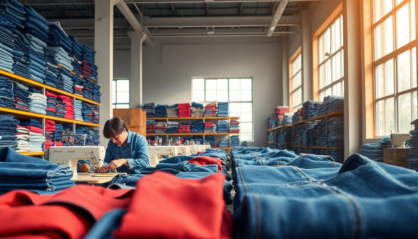 Showcasing skilled artisans in jeans cloth manufacturers workshop with vibrant denim fabrics.