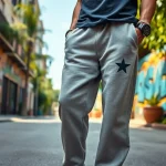 Showcasing baggy sweatpants styled in an urban environment, reflecting comfort and trendy fashion.
