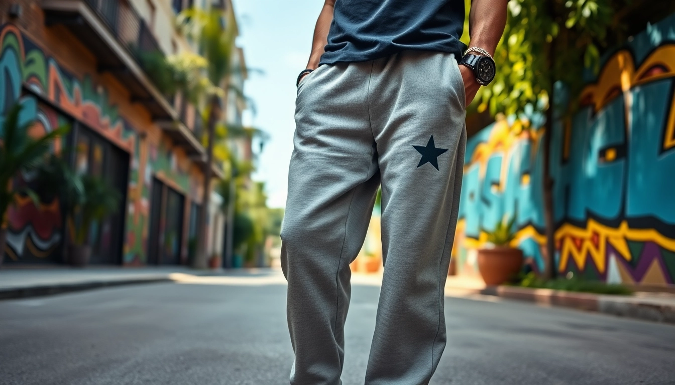 Showcasing baggy sweatpants styled in an urban environment, reflecting comfort and trendy fashion.