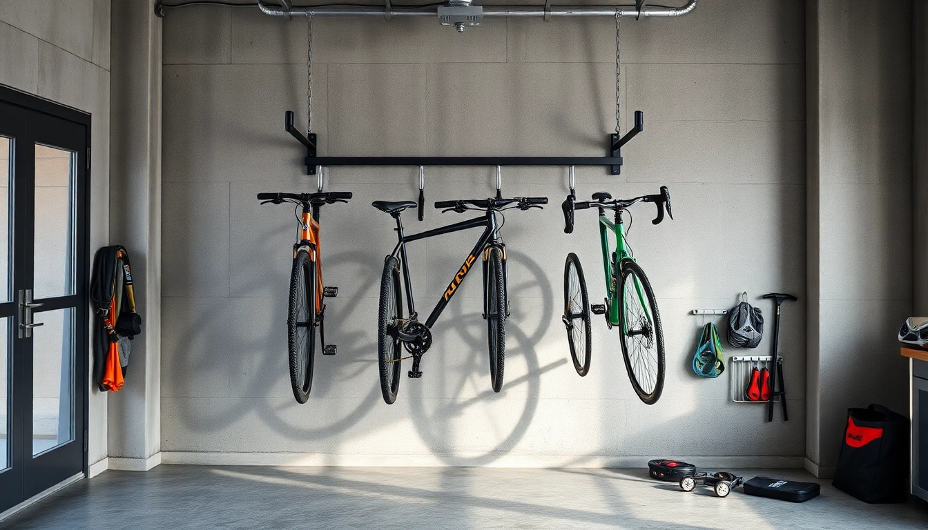 Organized bike wall rack securely storing bikes in a modern garage setting.