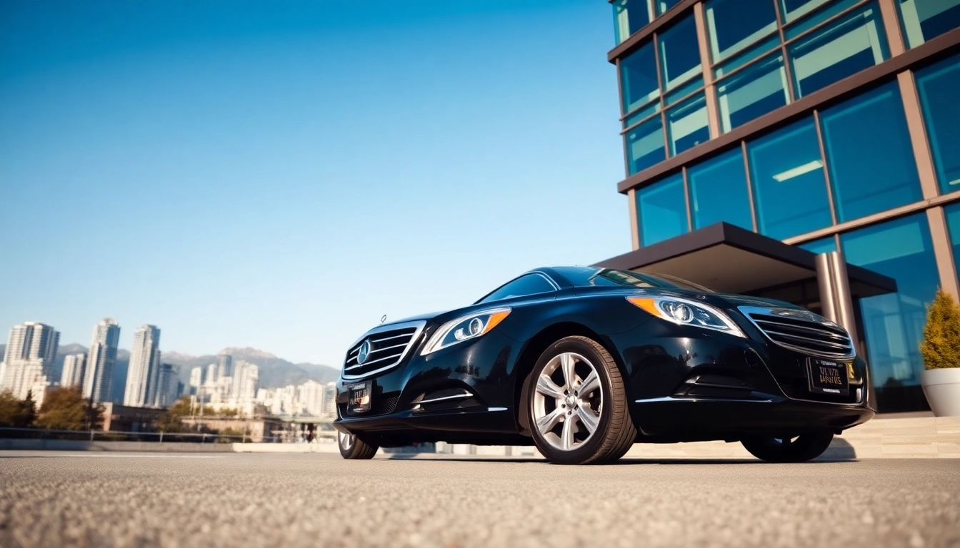 Smooth black sedan symbolizing premium car service vancouver bc parked elegantly in front of a luxury hotel.