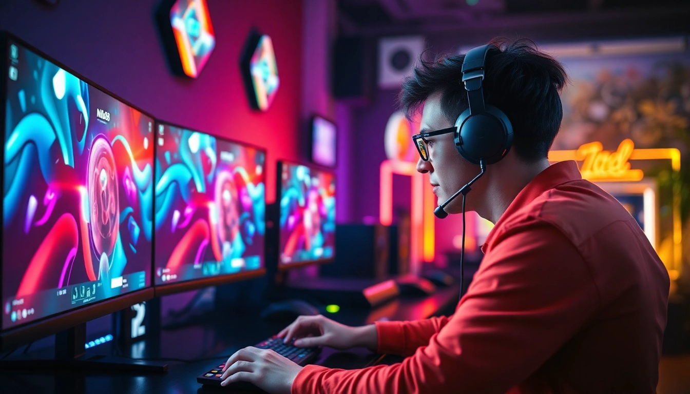 Menangkan jackpot di mild88 slot dengan gamer yang fokus pada permainan, dikelilingi oleh peralatan gaming modern.