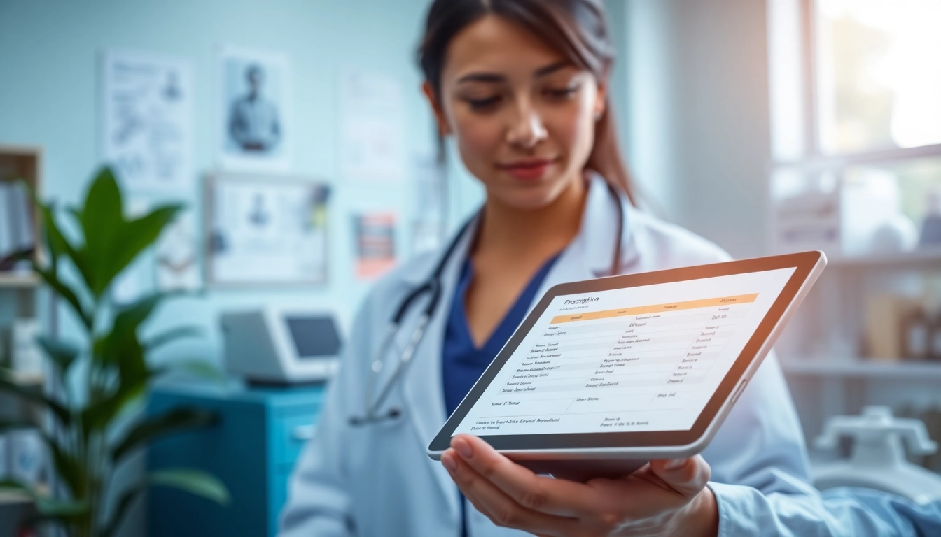 Engaged healthcare provider using electronic prescribing systems on a tablet in a modern clinic.