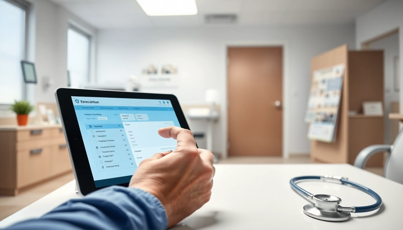 Eprescription app development in use by a healthcare provider in a modern clinic.
