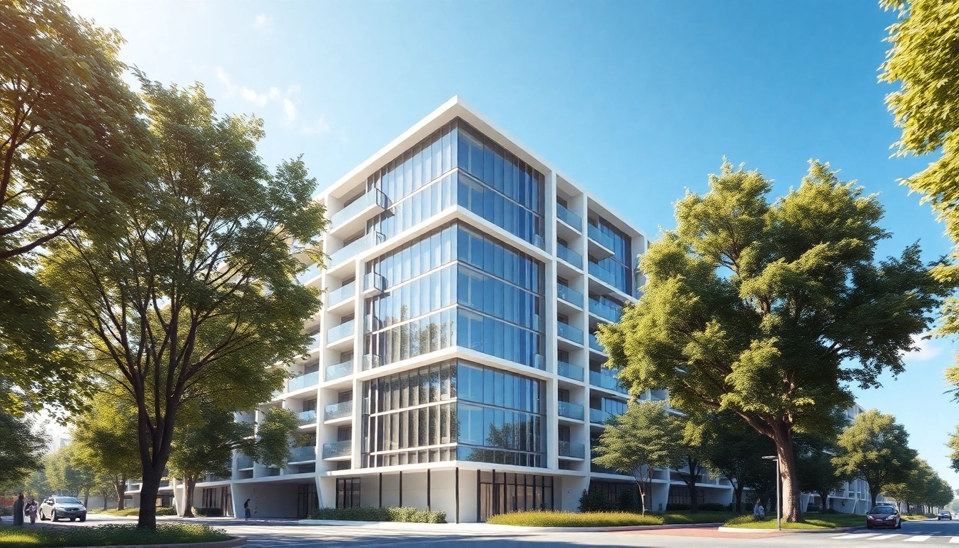 Visualisierung Architektur eines modernen Wohngebäudes in urbaner Umgebung mit harmonischem Grün.