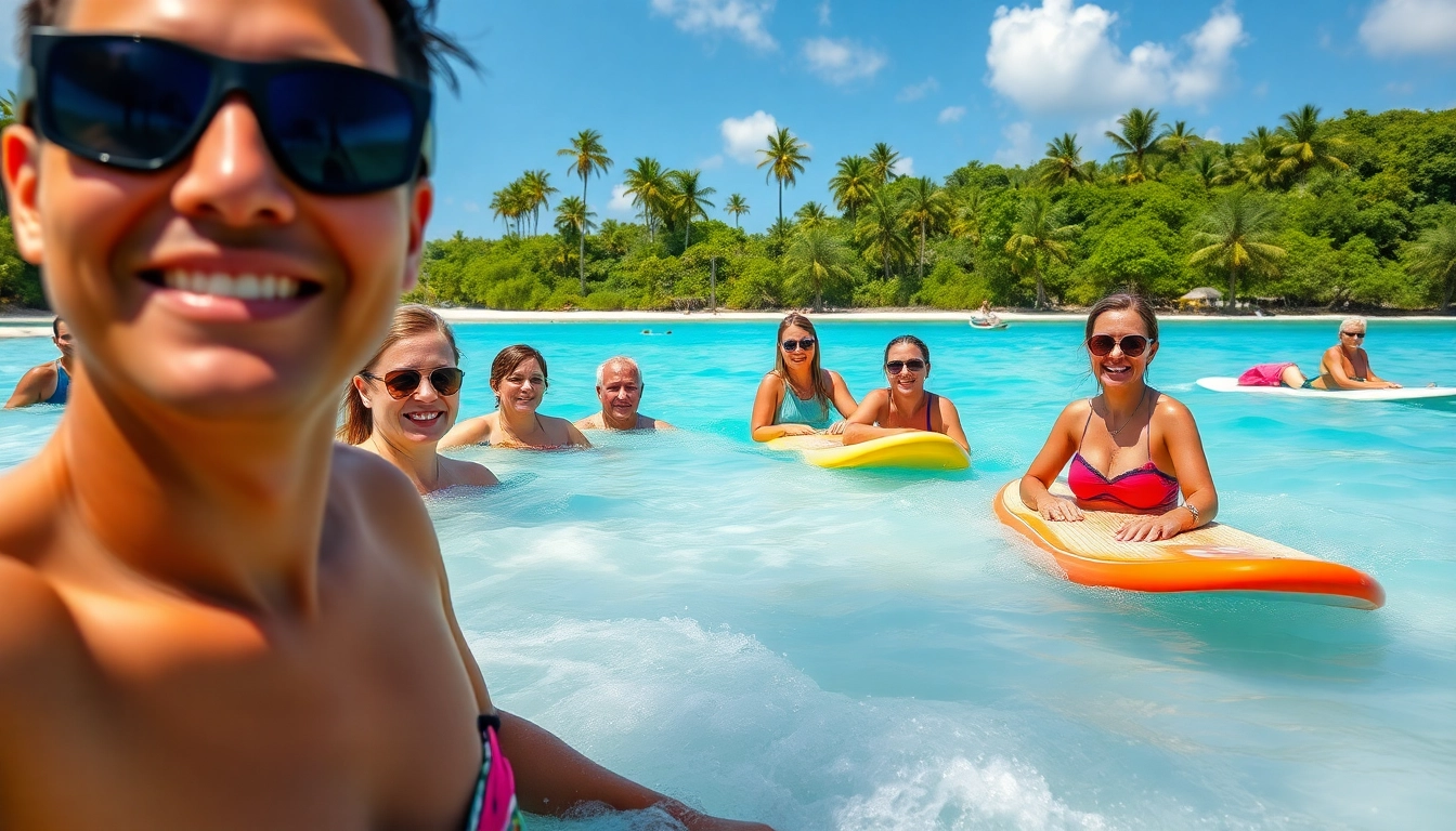 Experience the vibrant activities of Harvest Caye Tours Belize with tourists enjoying the beach and water sports.
