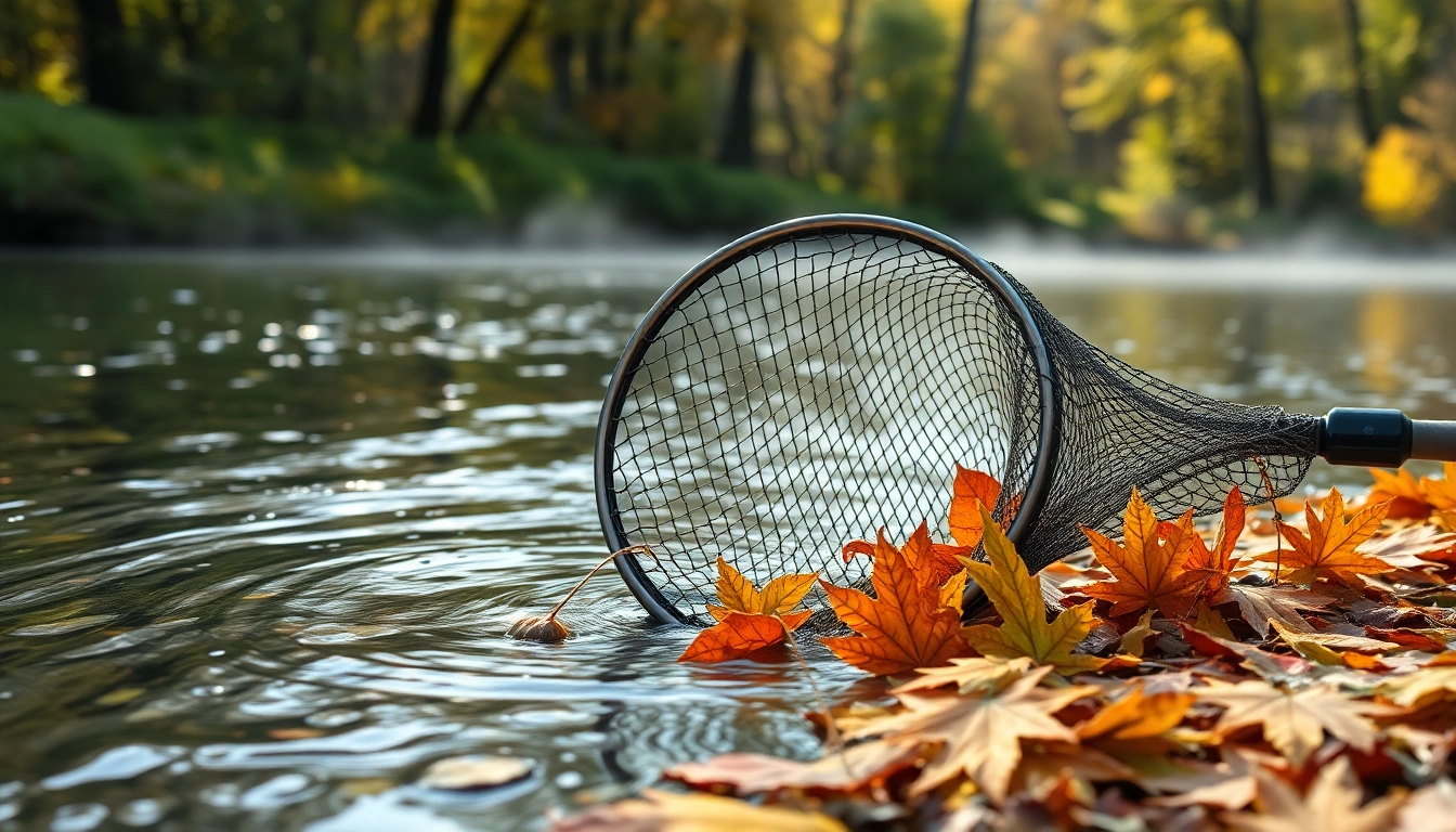 Capturing a Fly fishing net resting on colorful leaves by a serene river.