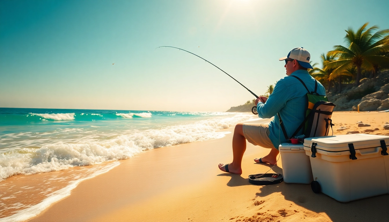 Engaging scene of saltwater fly fishing showing an angler casting a line at a sunny beach.