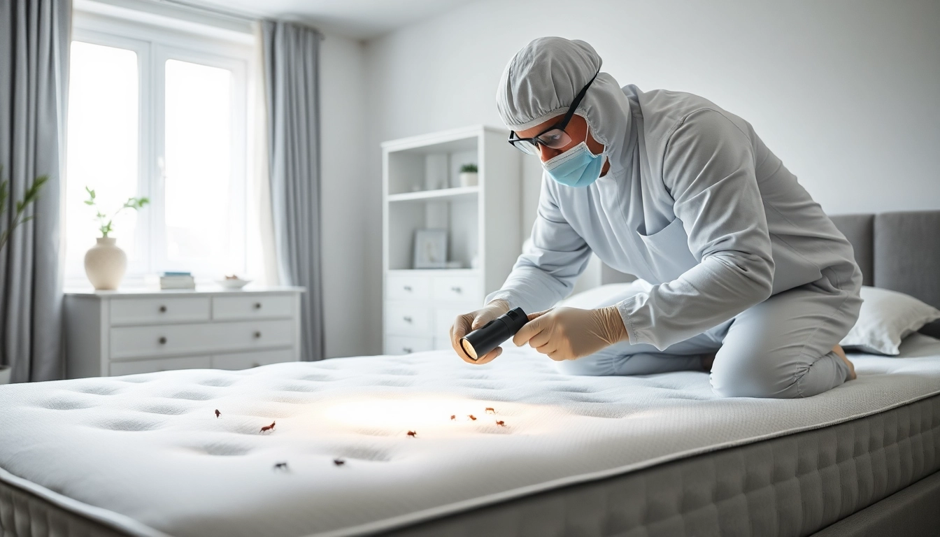 Ensuring effective bed bug pest control through professional inspection by a technician in a neat bedroom.