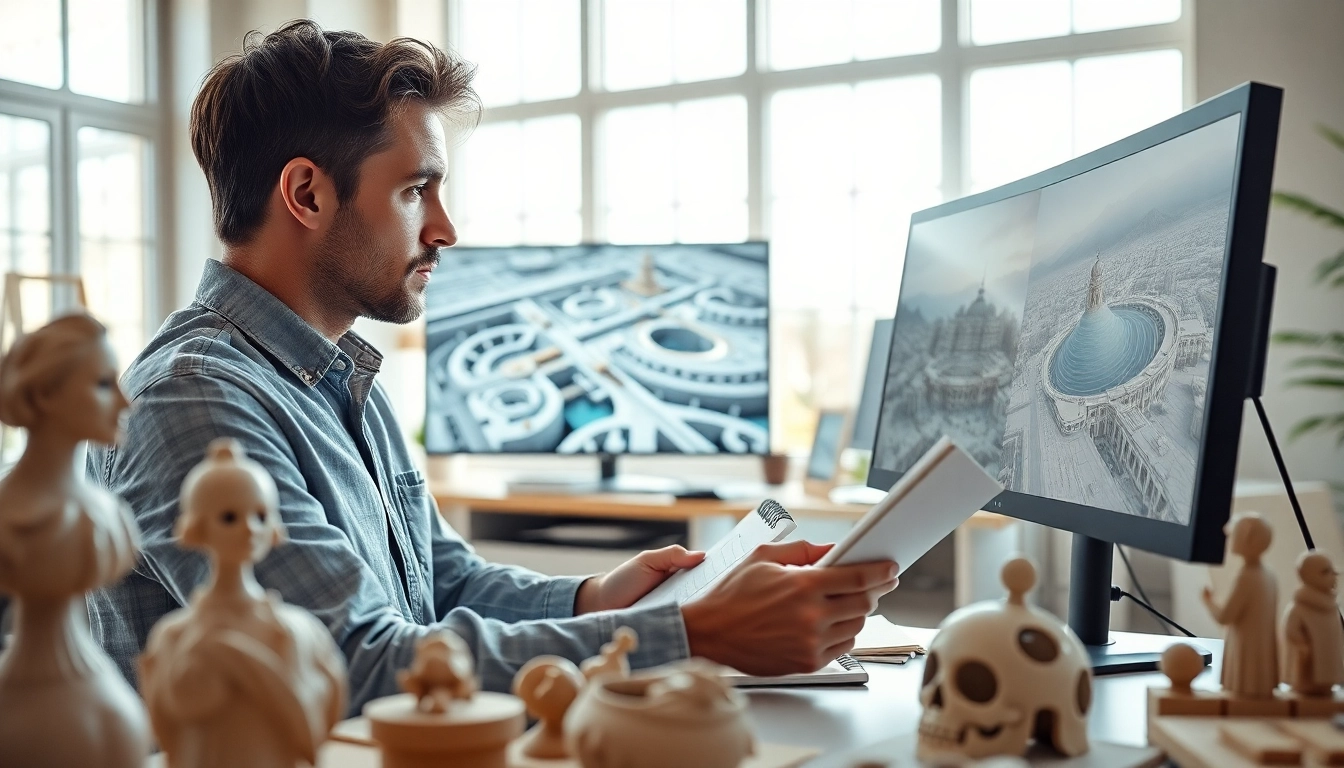 3d visualisierung artist working with detailed models in a bright, modern studio.